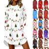 Women's Casual Long Sleeve Christmas Print Neck Dress – Festive Holiday Party Outfit