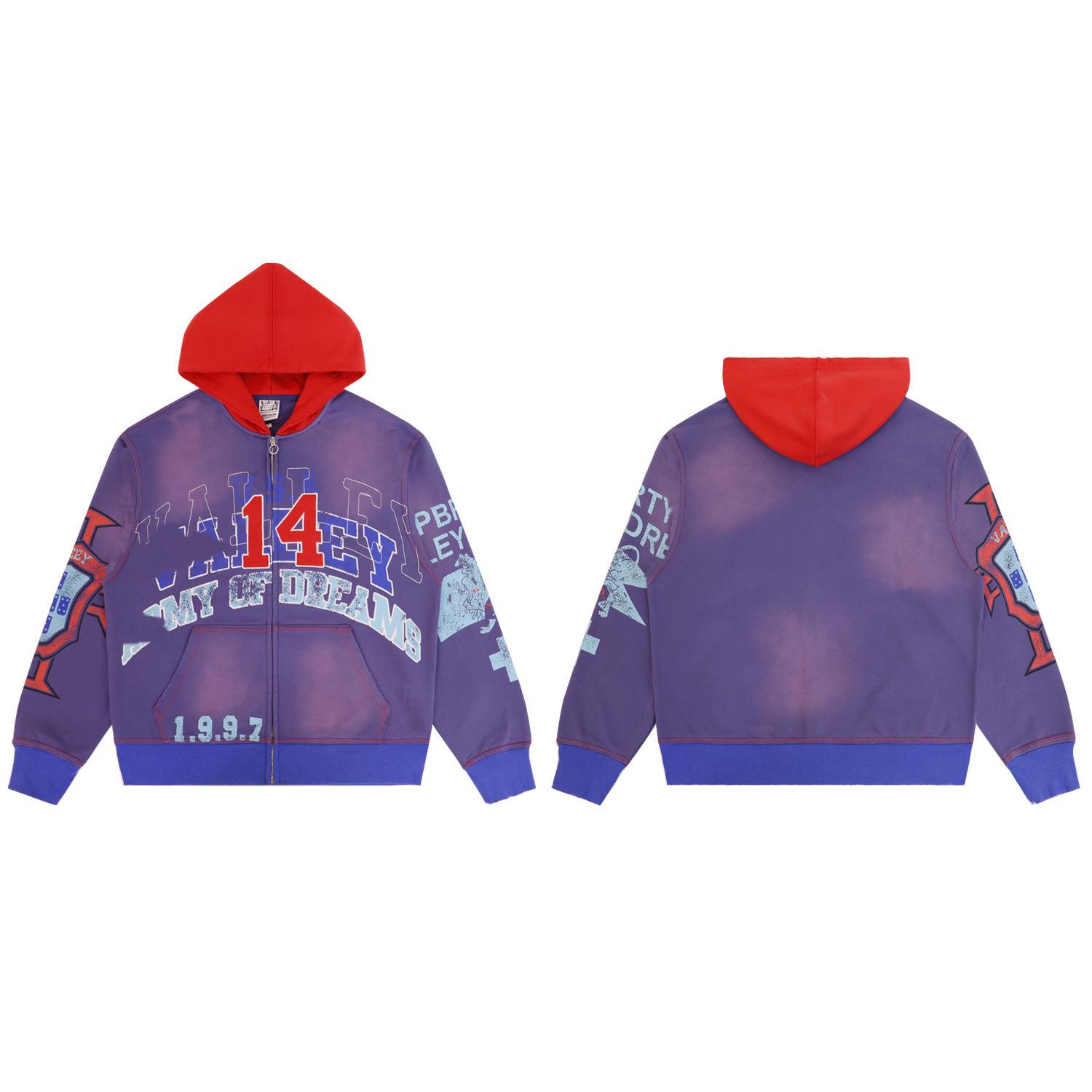 ValeSWEATS Distressed Color Block Zipper Hooded Sweatshirt for Men S