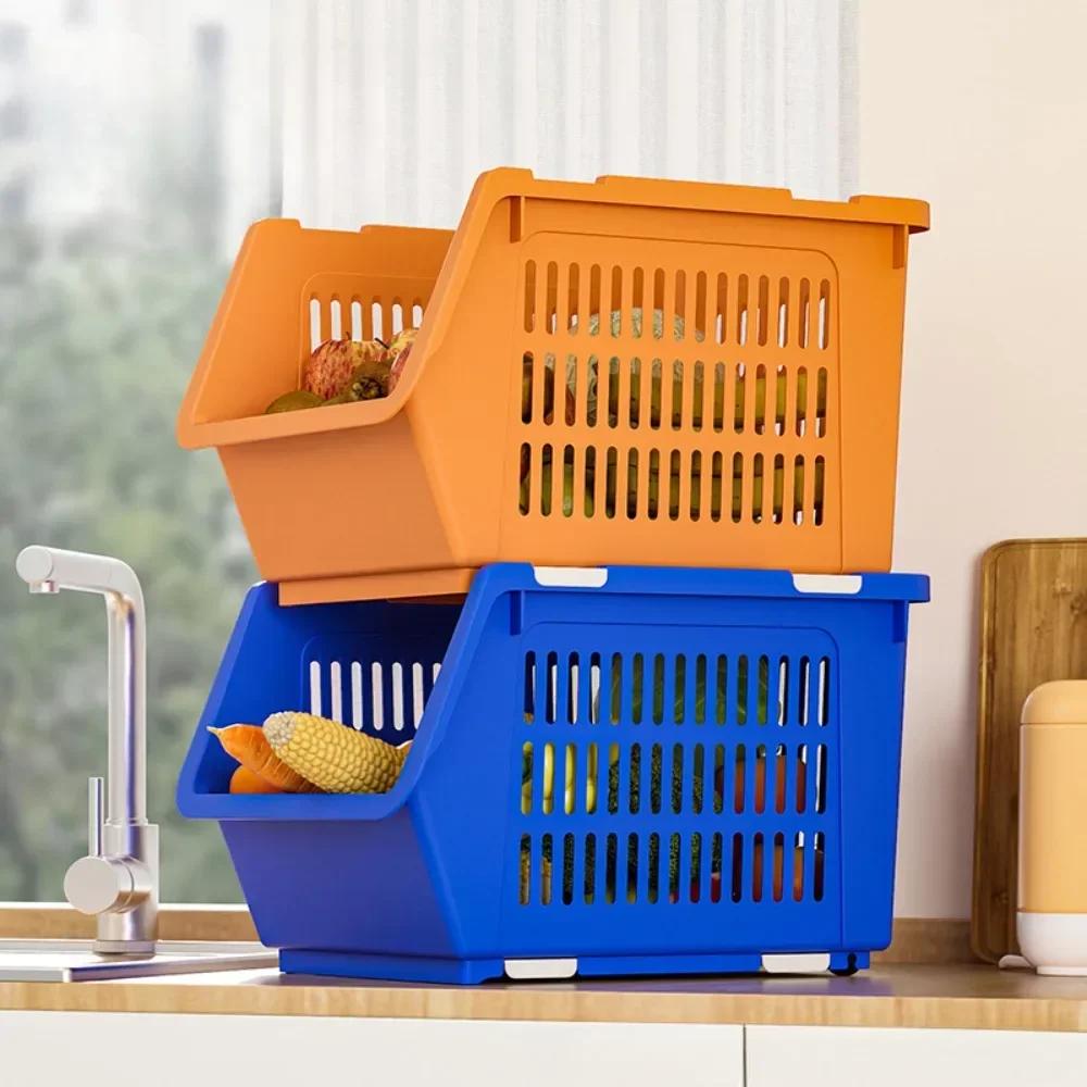 Stackable Basket Kitchen Vegetable and Fruit Basket with Wheels Toy Storage Rack Save Space Simple High-capacity Storage Shelves