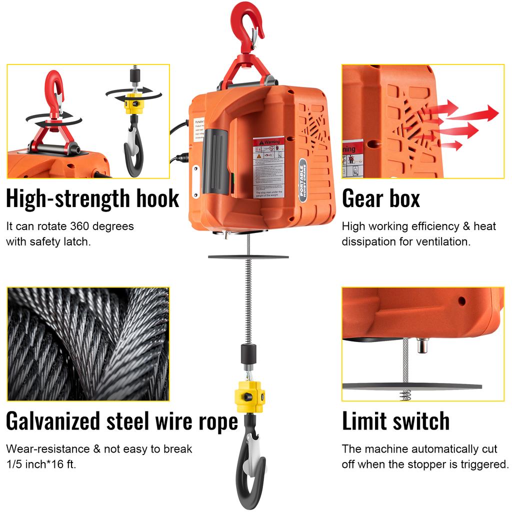 SucceBuy 500kg/1100lbs Electric Hoist Winch Portable Crane 25ft Lifting Height Wired Remote Control for Transportation