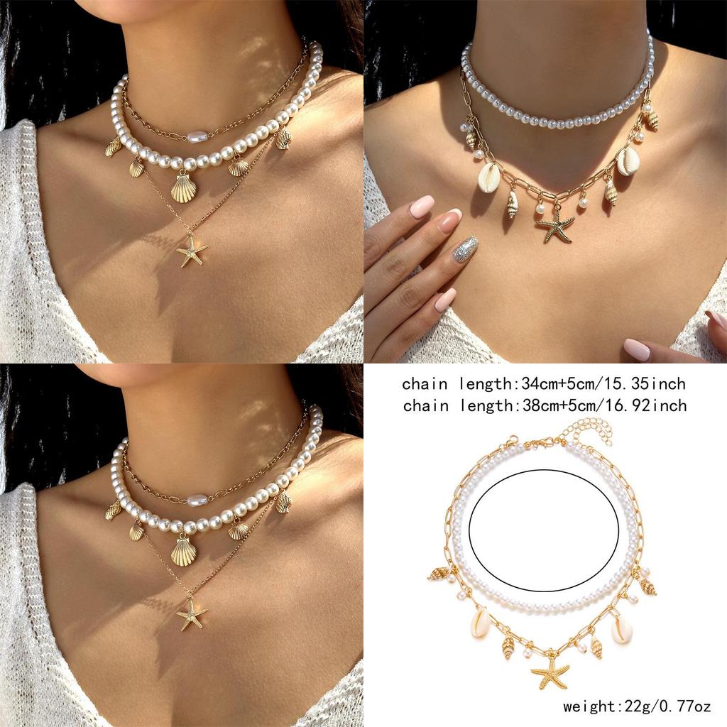 Bohemian Starfish Shell Bead Necklace With Layered Chain For Women