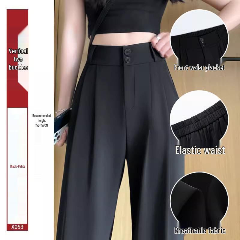 Damskie spodnie garniturowe z wysokim stanem, czarne - Kolekcja Lato 2025, Petite szerokie nogawki, drapowane proste spodnie