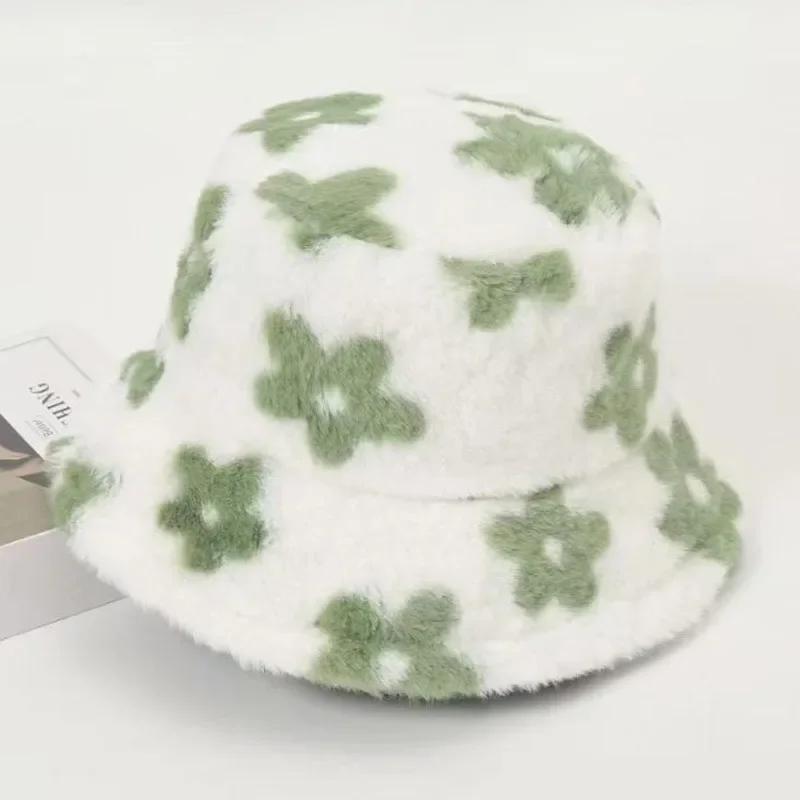 Freizeit Plüsch Niedliche Bucket Caps mit Kleinen Druckblumen,Damen Herbst Winter Sterne Warm Fischerhut Dickes Faux Fur Skullies Mützen