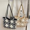 Crochet Square Patchwork Tote Bag Handwoven Contrast Color Flower Pattern Design Women Bohemian Style Beach Vacation Shoulderbag