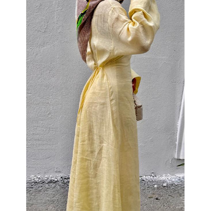 Women' Dresses Elegant O-Neck Cotton Lined Back Lace Up  Flare Sleeve Waist Cinching Long Robes Female Summer Lady Dress
