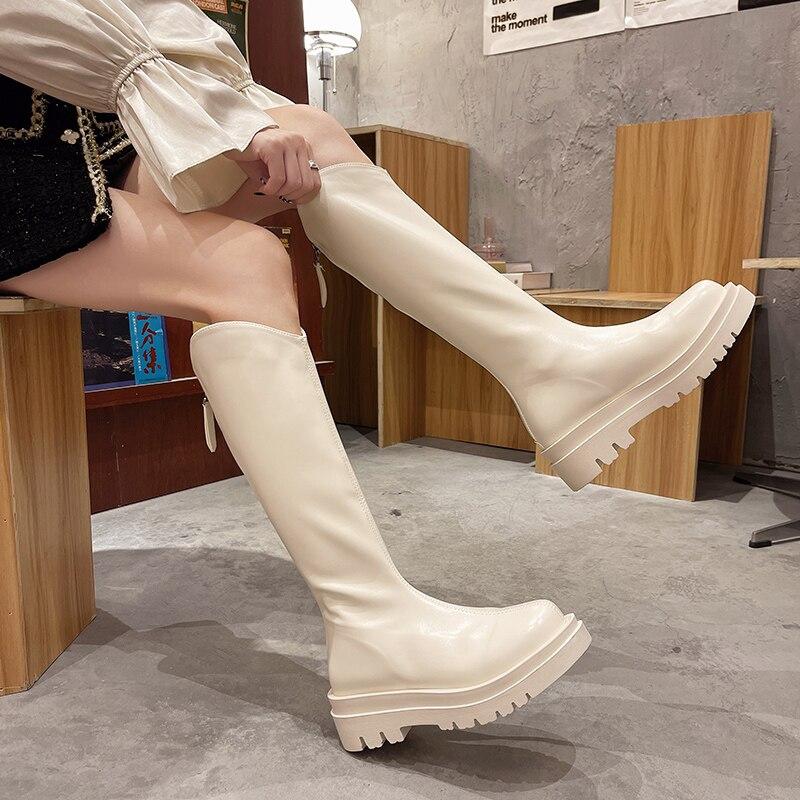 Pantofi Toc plat Cizme de dama Cizme de toamna - Femei Varf rotund Design de lux Saboti cu fermoar Platforma Rock Doamnelor peste genunchi