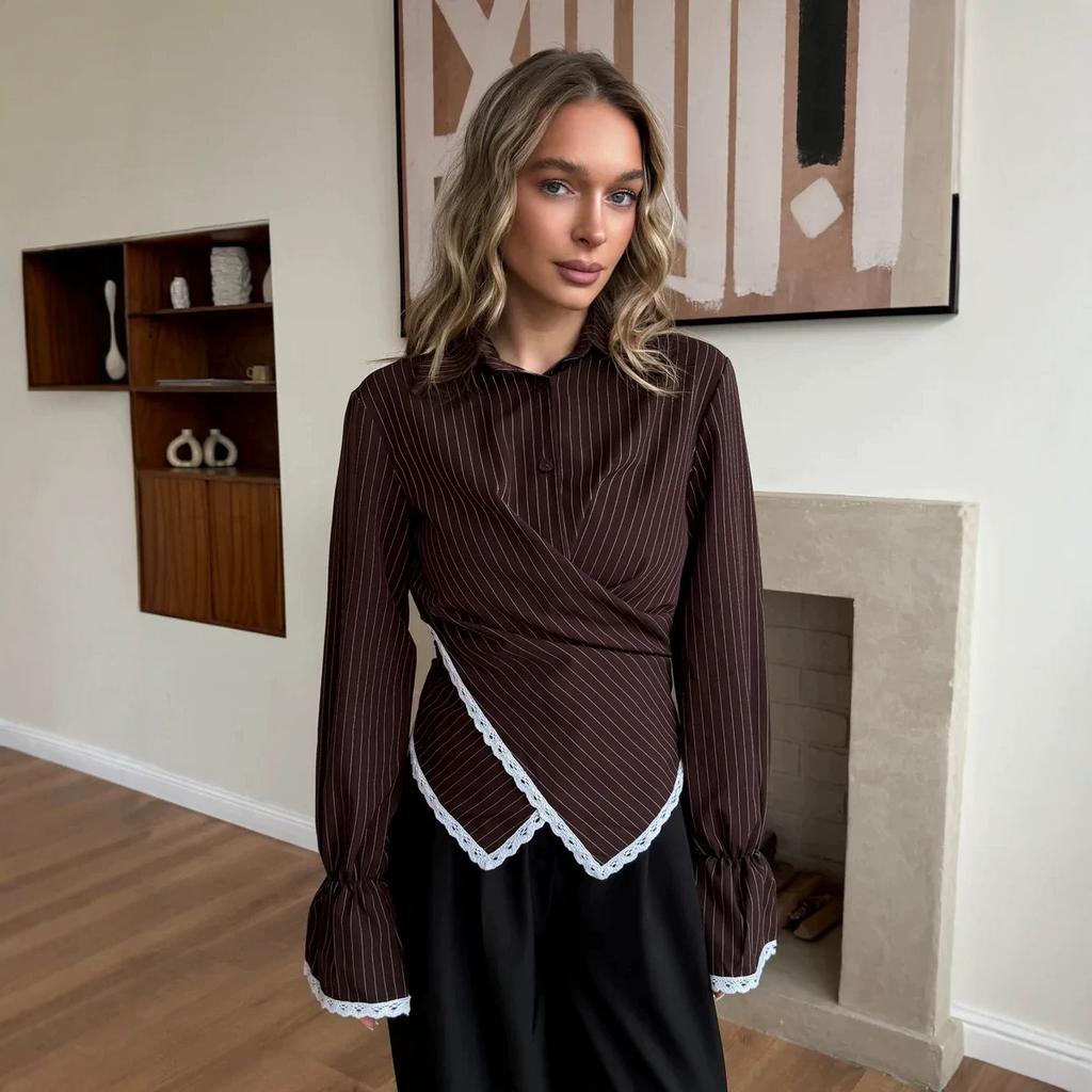 Old Money Style Striped Asymmetric Wrap Long Sleeve Shirt Lace Trim Cross Tie Polo Collar Top