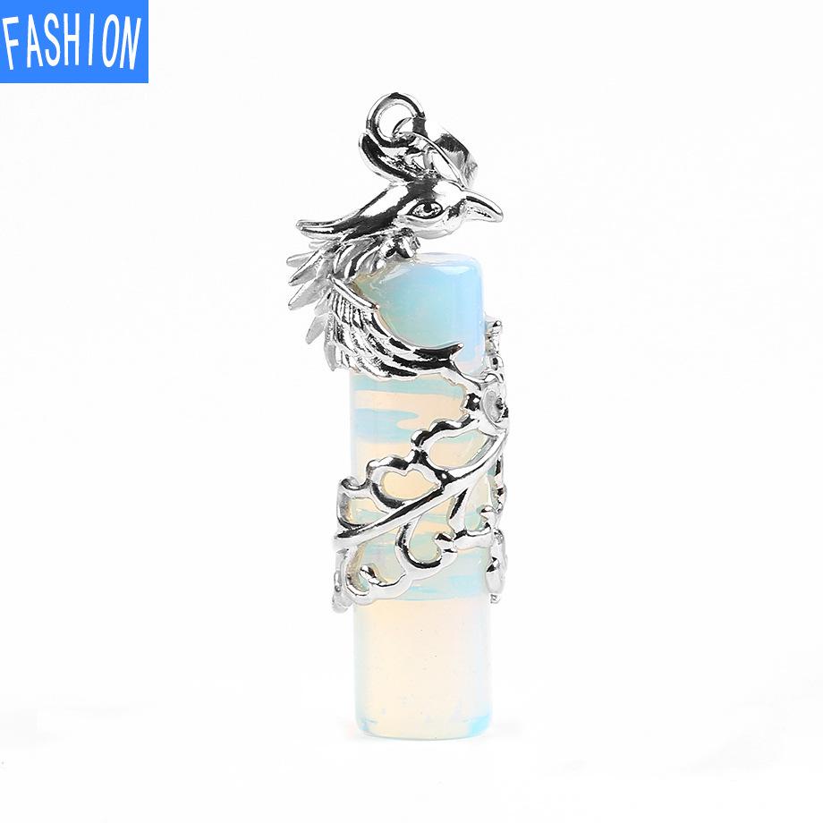 Creative Mascot Wrapped Natural Stone Cylindrical Pendant And Pink Crystal Necklace