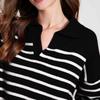 V-neck, Lapel, Striped Women's Long-sleeved Autumn Base Layer Top, Sweater, Contrasting Color Loose Navy Style Coat