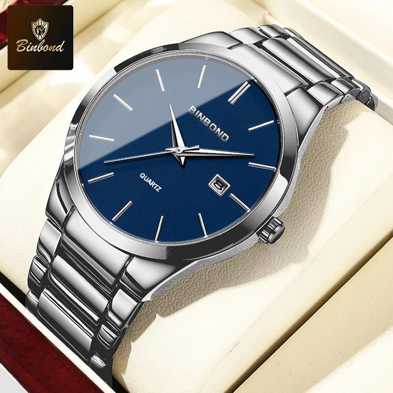 BINBOND Top Luxury Business Sports Men's Watch Stainless Steel Date Waterproof Multifunctional Quartz Fashion Men's Wristwatch