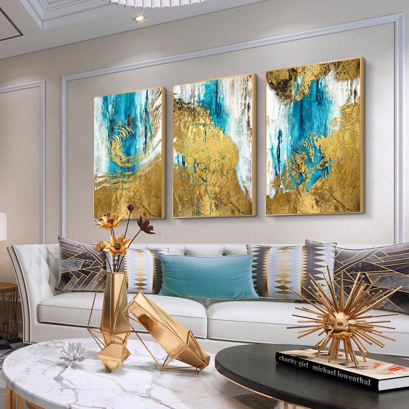 Gold And Blue Abstract Posters and Prints Oil Painting On Canvas Cuadros Pictures On the Wall Art Home Decor for Living Room