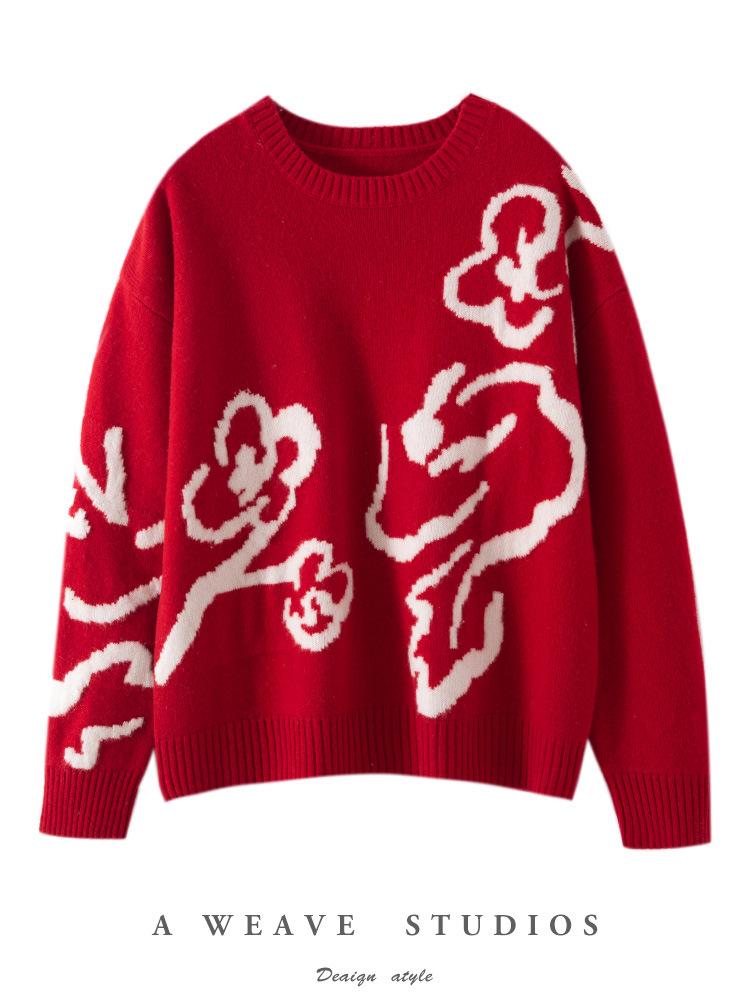 Women's Zodiac Year Red 100% Pure Wool Jacquard Sweater - Cozy, Soft, and Loose Fit