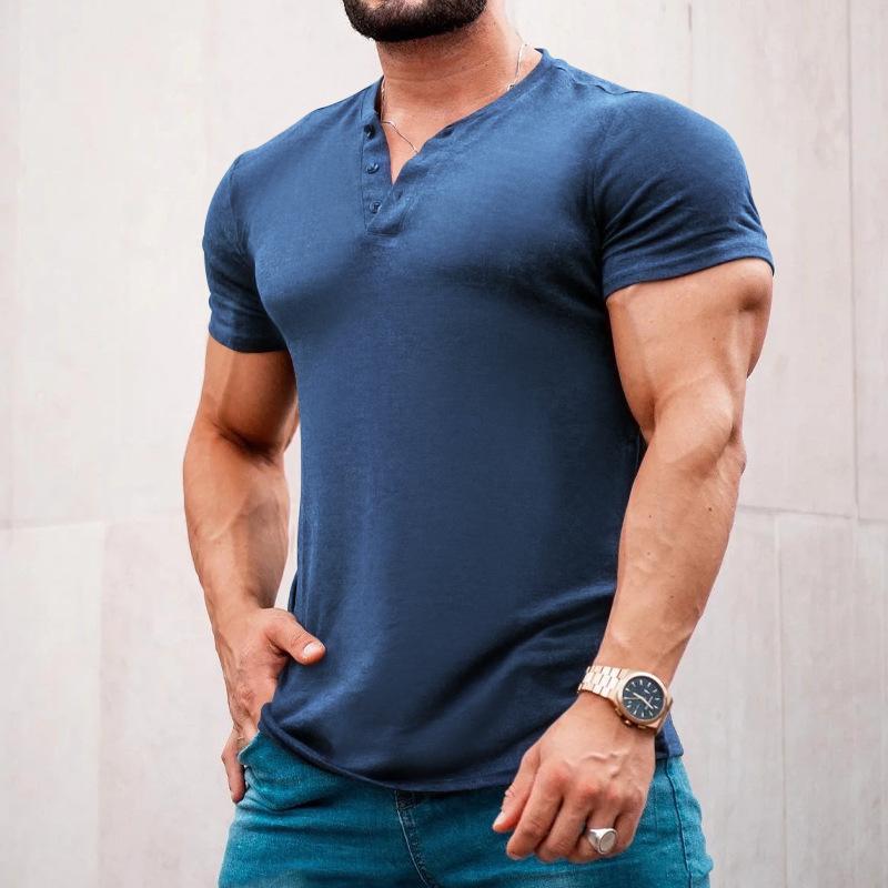 

2026 Summer New Round Neck Short Sleeve Button Men s Slim Fit Solid Color Casual T-Shirt XXXL джинсовий синього кольору