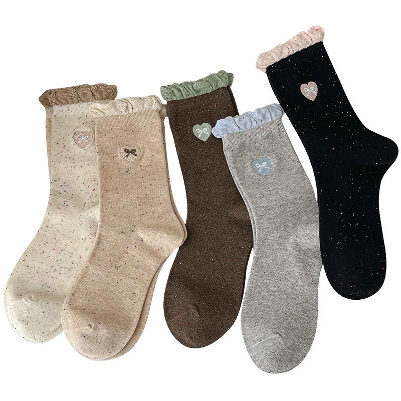 Lace Socks for Women, Mid-calf for Autumn and Winter, Heart-shaped Embroidered Dot Yarn Trendy Socks, Boneless Socks