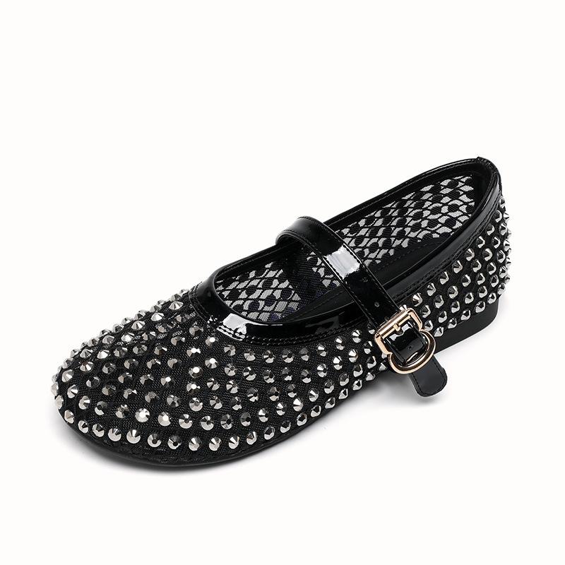 Ballet Single Shoes Women's Flat Bottom 2025 New Round Head Mesh Mary Jane Fairy Wind Soft Bottom Rhinestone Breathable Women's Shoes