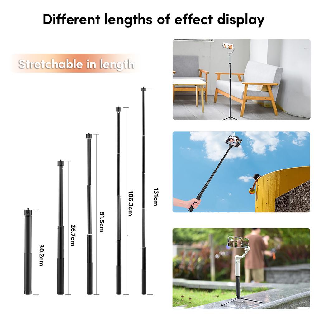 Ausziehbarer Selfie-Stick, leichte Stangen aus Aluminiumlegierung, Verlängerungsstab für OM4SE Mobile6 Action-Kameras, 30,2 ~ 131 cm