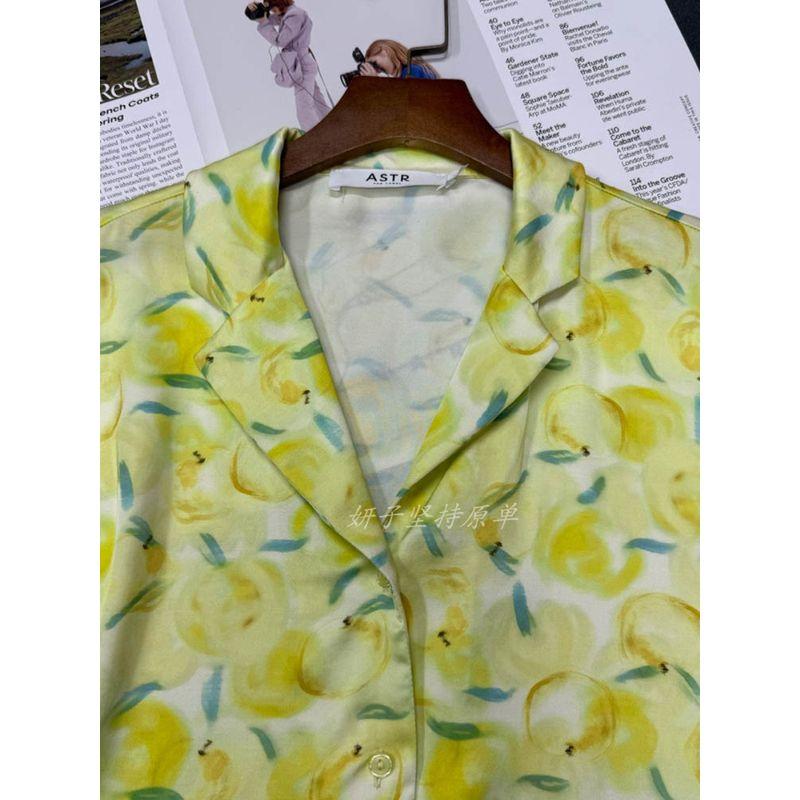 Foreign Trade Order a **R Yellow Lemon Oil Painting Print Loose Version Lapel Bright Color Comfortable Short Sleeve Shirts Top