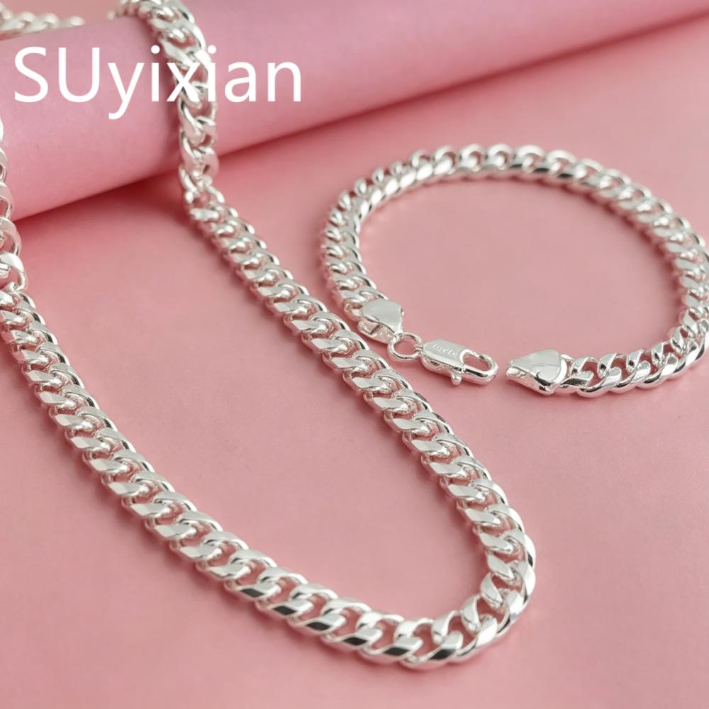 925 Sterling Silver Stylish Simple 6mm Sideways Cuban Necklace Bracelet Set Birthday Party Anniversary Gift