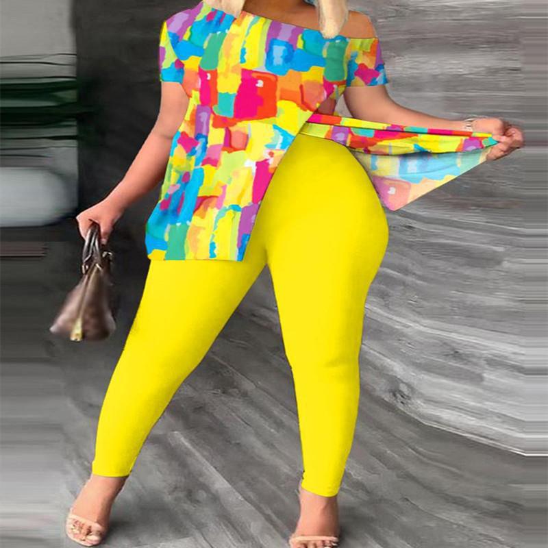 Set de două piese cu imprimeu la modă de vară pentru femei, cu umăr dezactivat, cu mânecă scurtă, tricou desfăcut, jambiere, subțire, costum 2 piese pentru femei