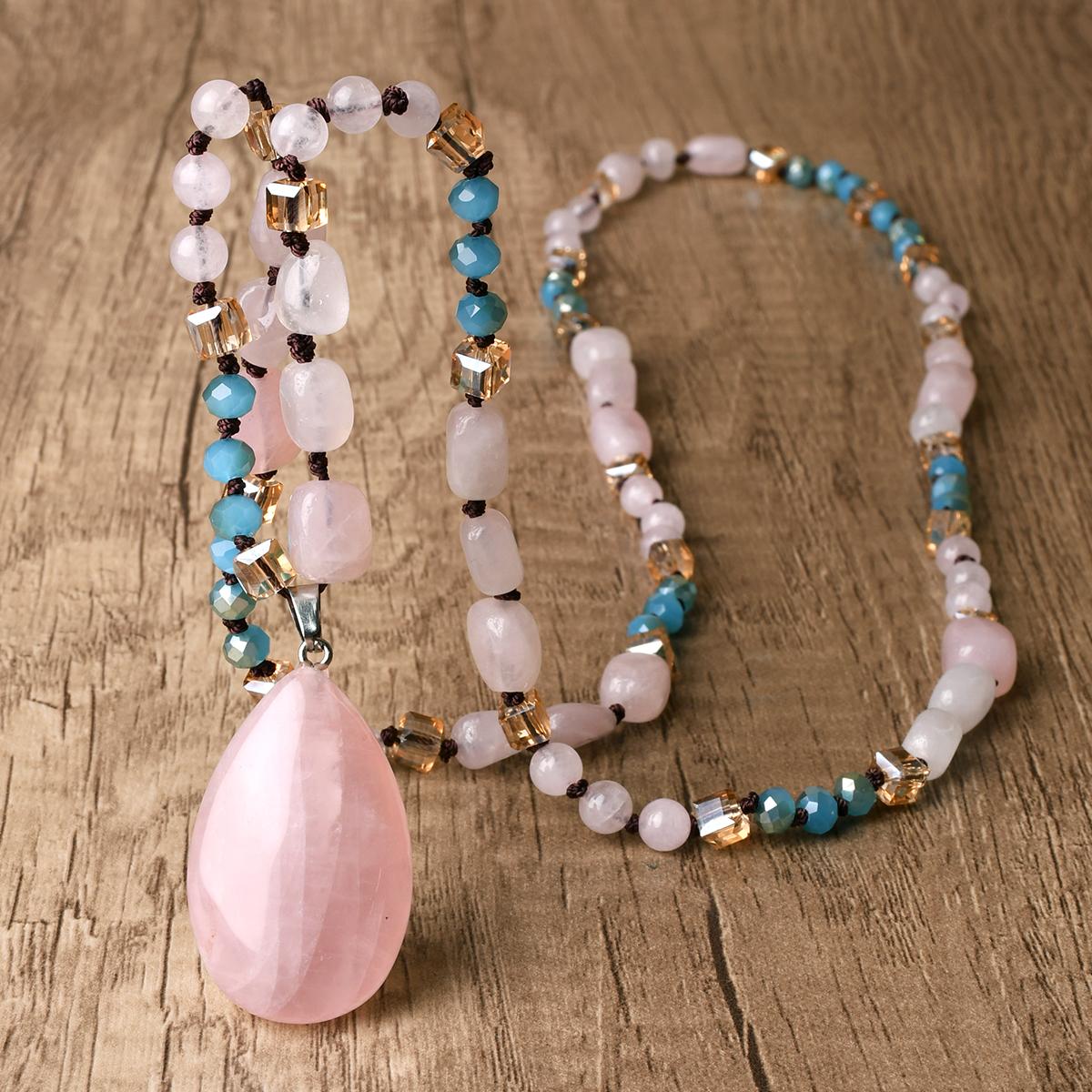 

Natural Stone Rose Quartz Irregular Beaded Water Drop Pendant Long Necklace Bohemian Women Yoga Meditation Jewelry Accessories розовый кварц
