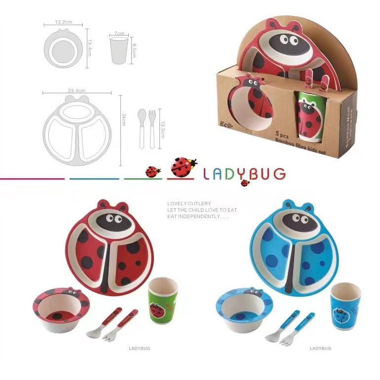 5-Piece Bamboo Fiber Children's Tableware Set: Cow & Ladybug Design with Plate, Bowl, Fork, and Spoon.
