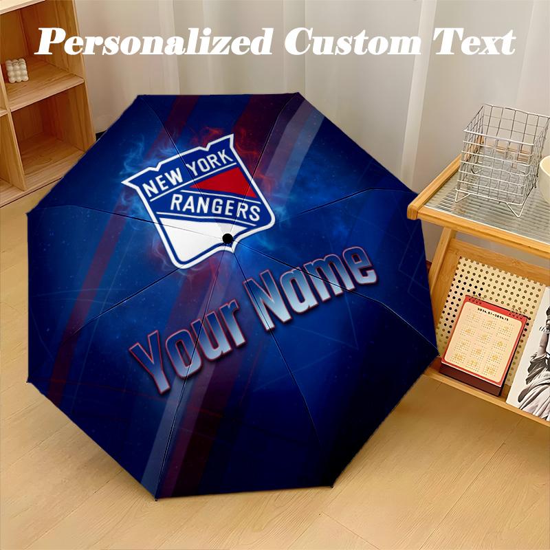 New York Rangers Automatic 8‑ribs Umbrella, Custom Name Text Personalized Folding Umbrella Rain Sun Gift