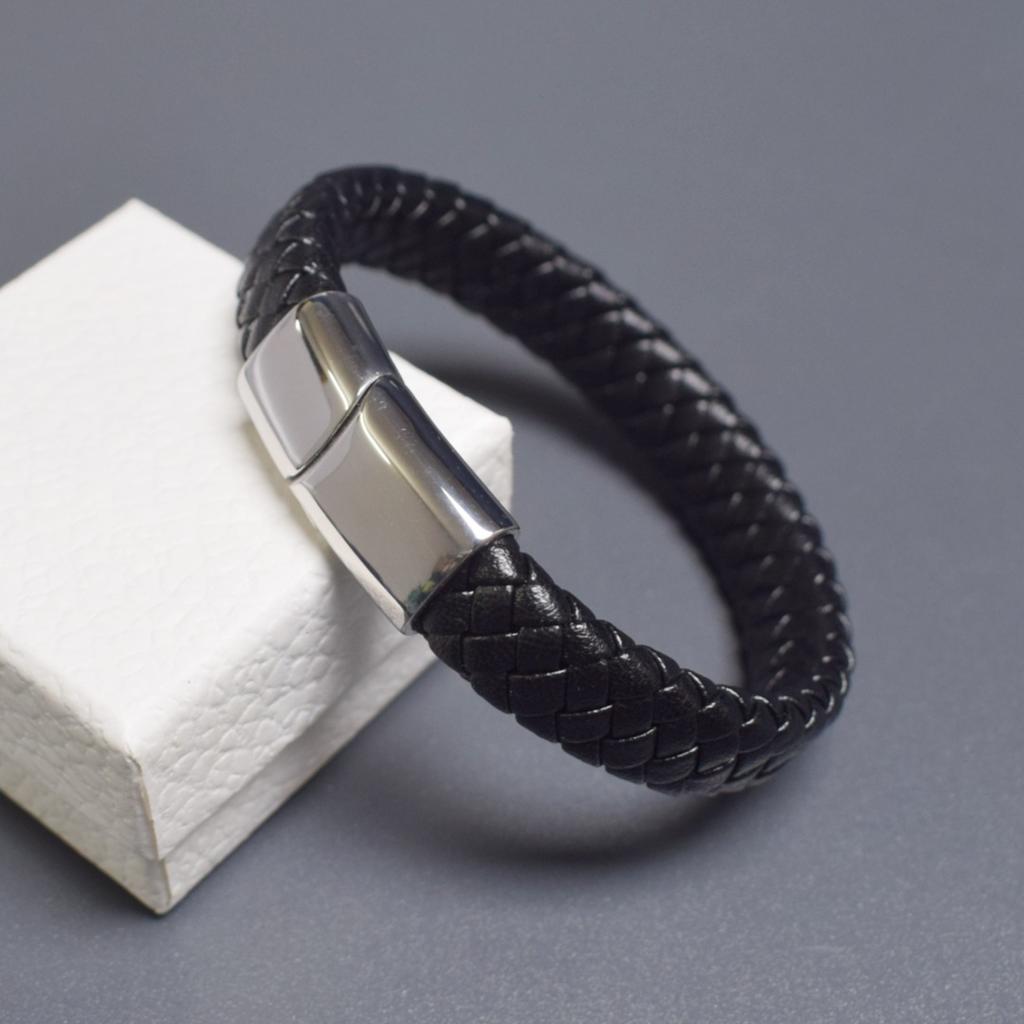 Fashion Stainless Steel Magnetic Buckle Bracelet Men Personalized Woven Wide Leather Rope Wristband Luxury Jewelry Pulseras