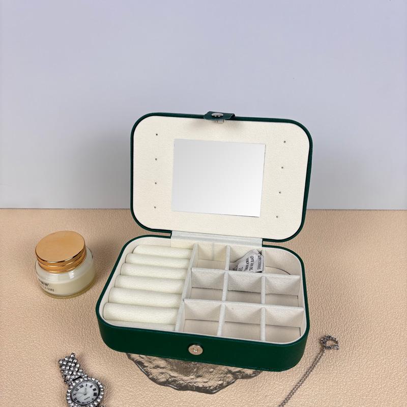 Travel Jewelry Storage Box with Mirror Solid Color Simple Earrings Ring Necklace Jewelry Box Double Layer Household Jewelry Box