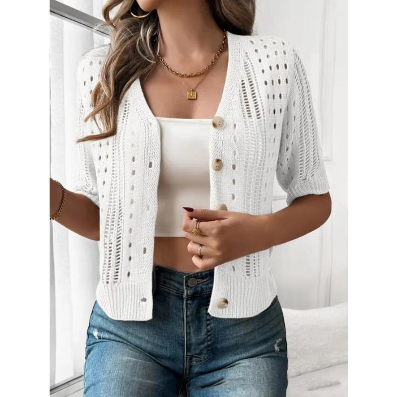 Dame Beige Heklet Strikket Cardigan Avslappet V-hals Kort Erme Knappelukking Åpen Strikket Genser