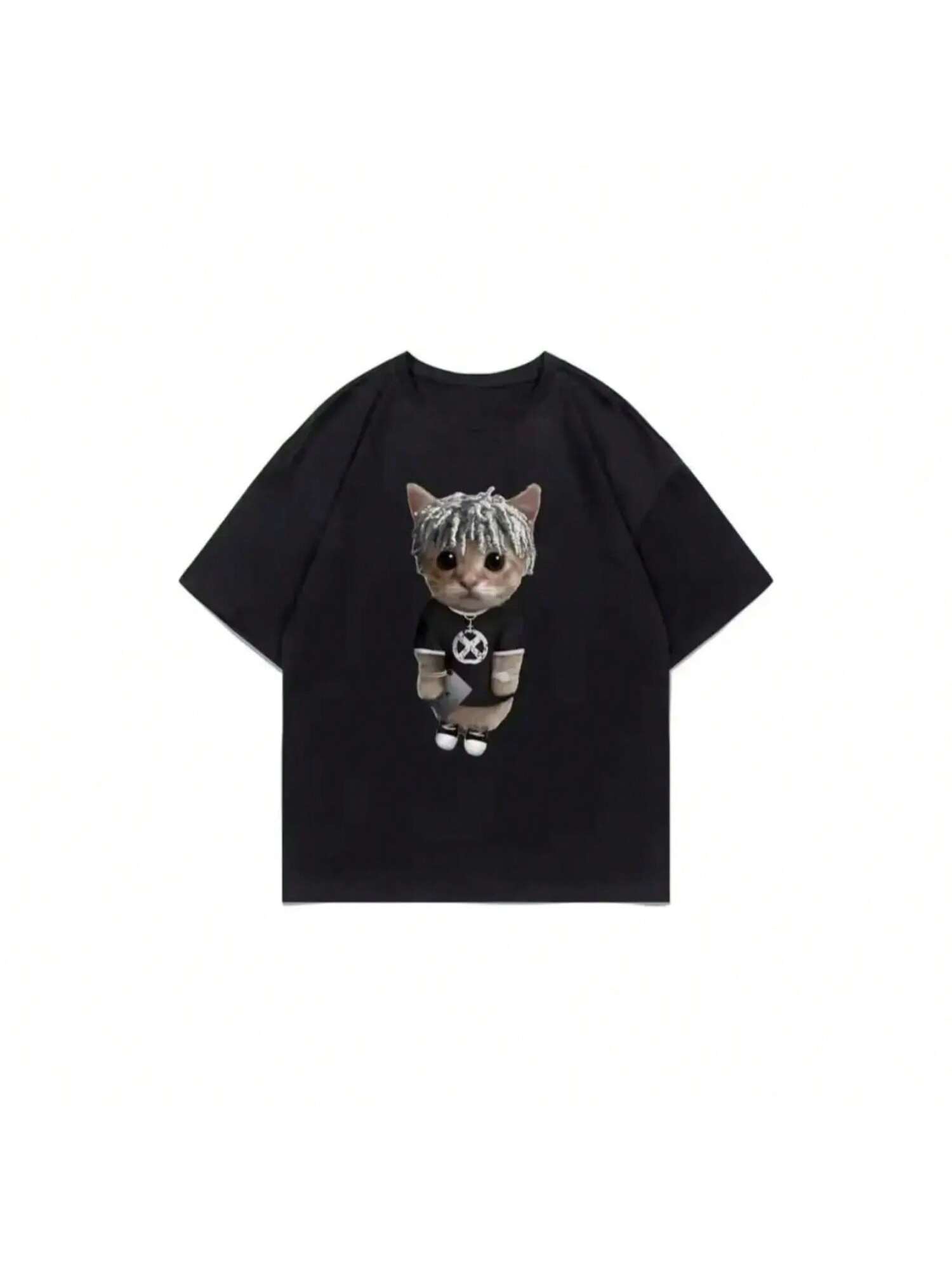 Piercing Rebellious Cat Kitty Hip Hop  T-Shirt For Wounisex And unisex Hip Hop Loose T-Shirt Fashion Cotton Street T-Shirt 90077 S