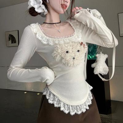 Cute Cartoon Y2k Lace Stitching Pullover Women 2000s Aesthetic Sweet Long Sleeve Knit Sweater Autumn Winter Kawaii Crop T-shirts