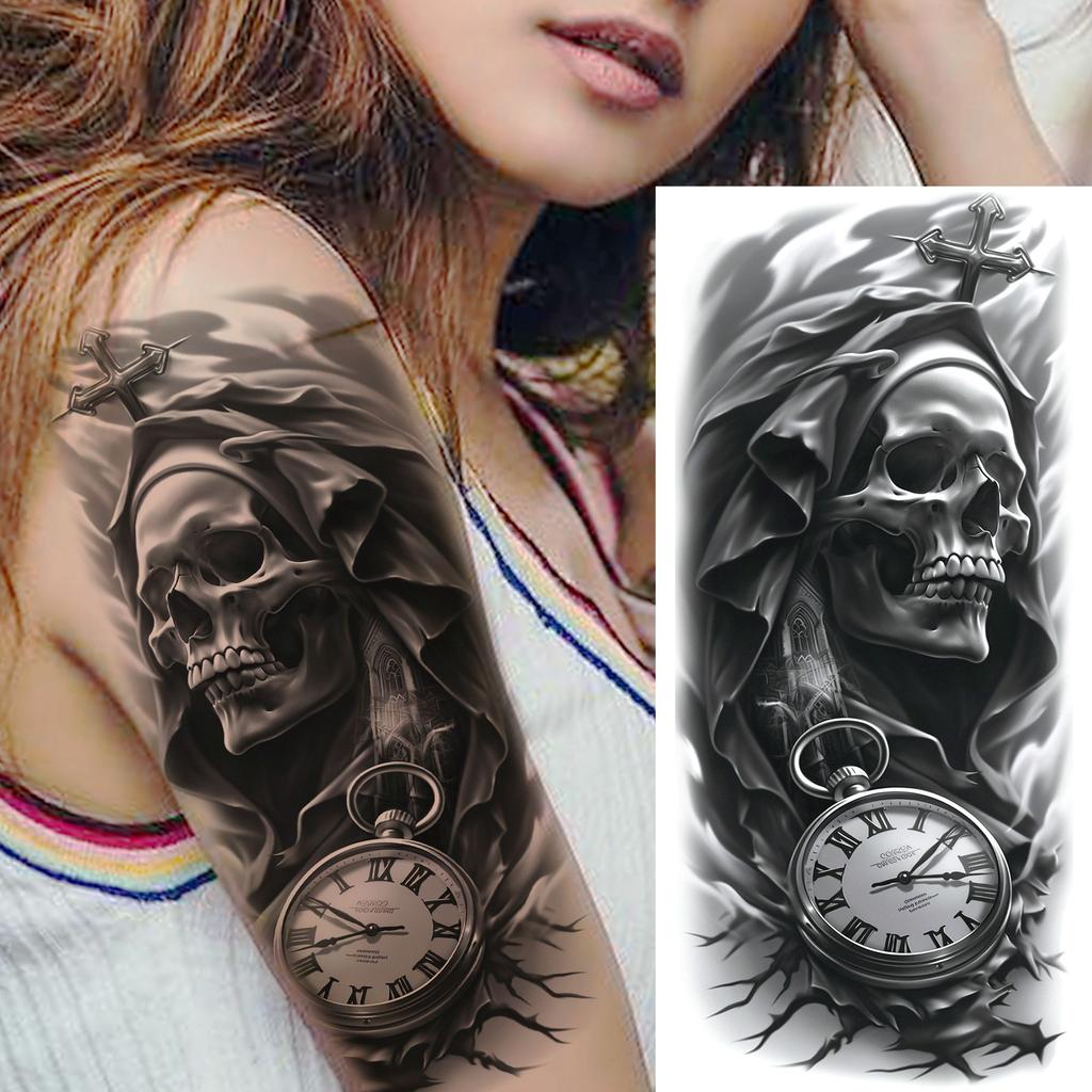 1 Blatt Gruseliger Sensenmann Totenkopf Temporäre Tattoos Halloween Tattoos Langlebig Wasserdicht Tiger Wolf Bestie Fake Tattoo Aufkleber