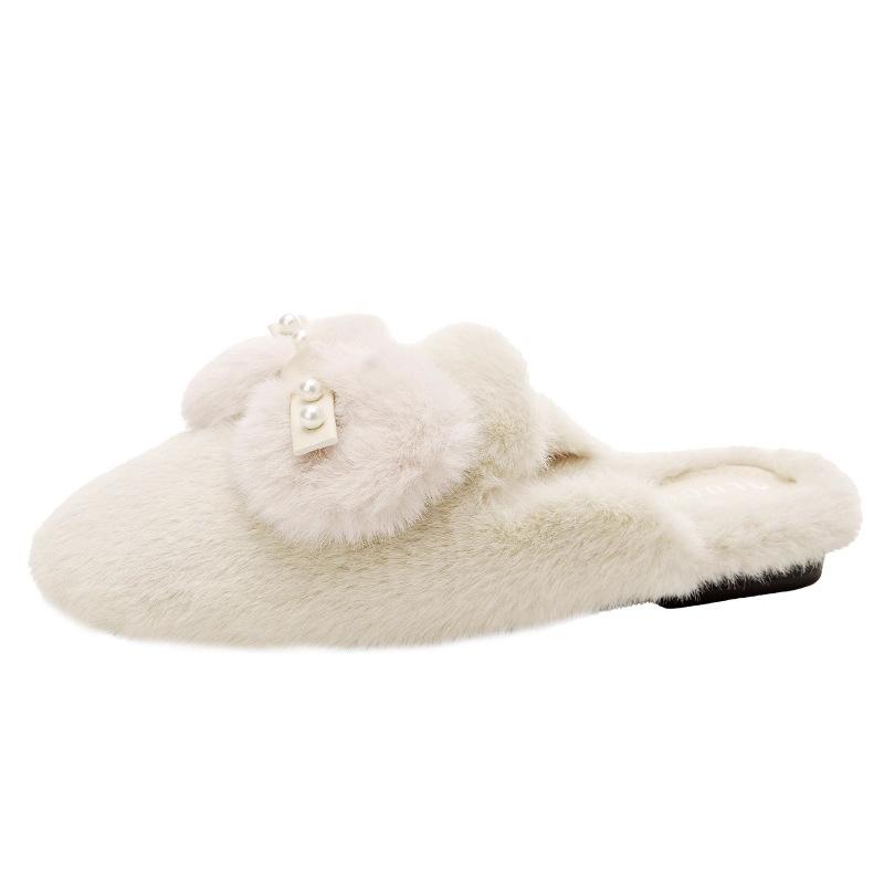 Leather beige fluffy shoes, women wear plush slippers in winter, bag head maternity shoes, soft-soled non-slip cotton shoes