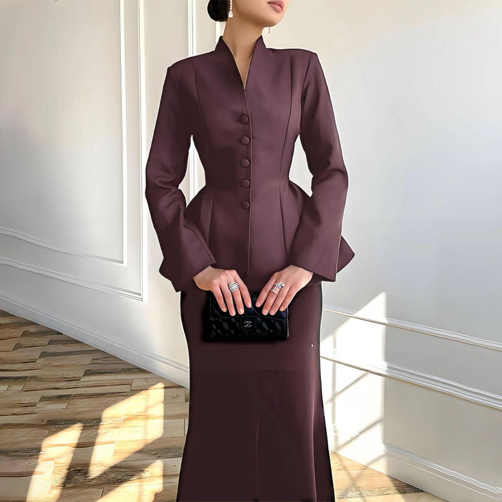 2025 Women’s Solid Color Long Sleeve Top & Bodycon Skirt Set