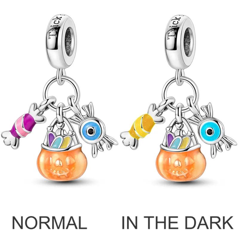 Halloween Charms Beads Copper Plated Pendants Luminous Pumpkin Head Dangle Fit Original Bangle Bracelet Necklace Diy Jewelry