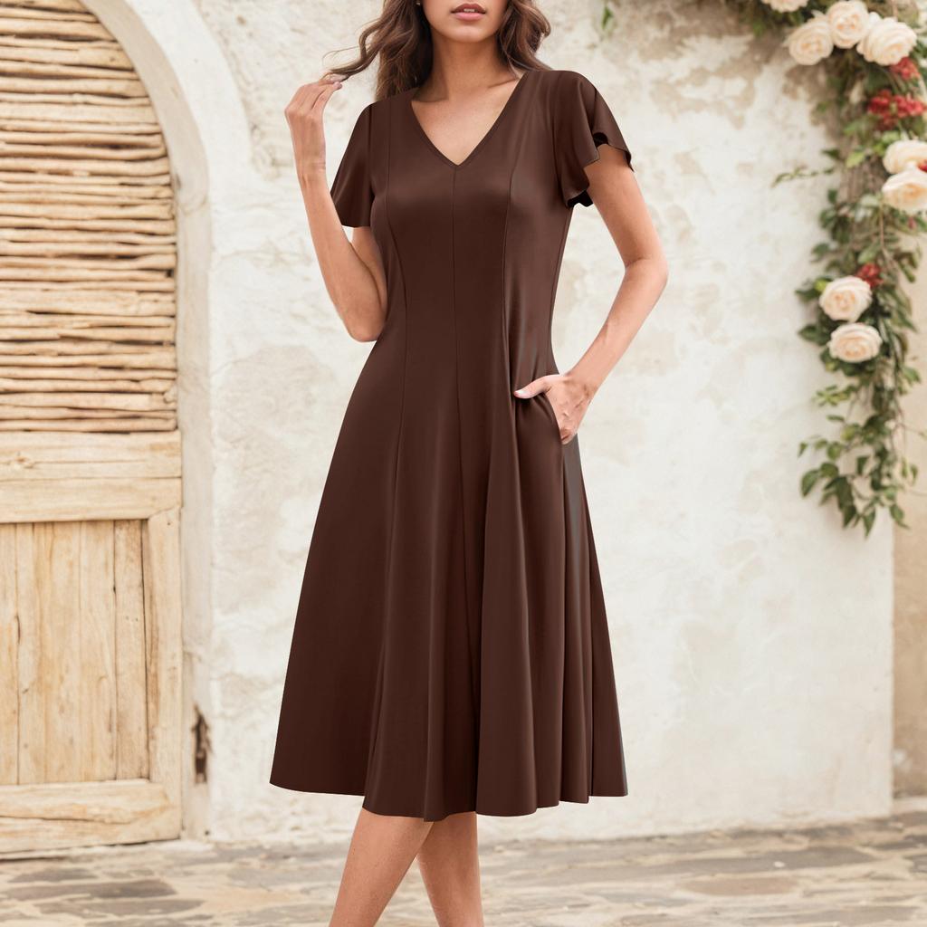 Damska Letnia Moda Sukienka Midi z Dekoltem V i Falbankowymi Rękawami w Stylu Retro