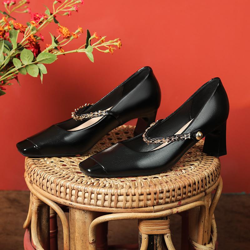 98375-2 sheepskin French thick heel Mary Jane shoes spring and autumn high heels with skirt square head one-word buckle strap single shoes
