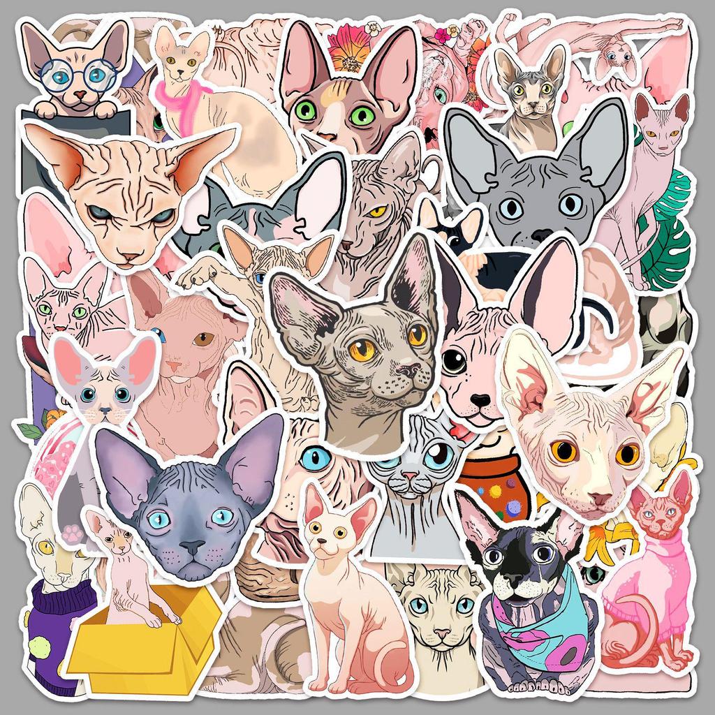 Sphinx Hairless Cat Waterproof Stickers - 50 Cartoon Sheets for Phone and Suitcase Decoration