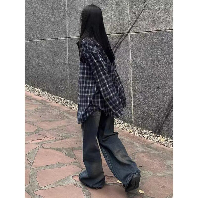 American Plaid Shirt for Women Spring and Autumn New Plus Size Design Color Matching Long Sleeve High-Grade Couple Shirt Coat