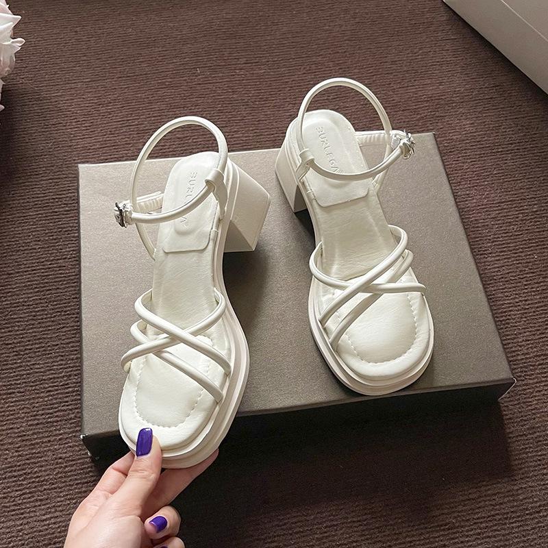 

Sandals women s summer new versatile thick heel soft sole one word with open toe middle heel sandals 35 абрикосовый