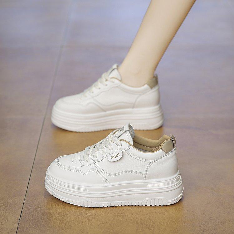 Leather White Shoes Female Inner Height Increase 7CM Small 2025 Spring New Versatile Thick Baseplate Shoes Casual Sports