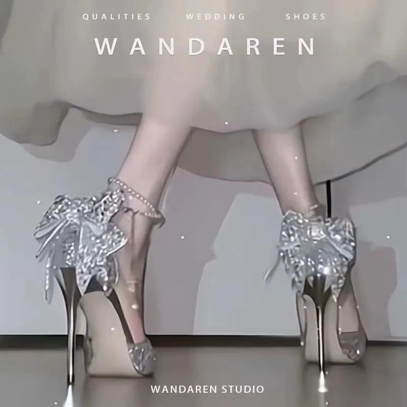 

French New Pointy Shallow Mouth Temperament Elegant Sequin Bow High Heels Women s Fine Heel Pearl Line with A Single Shoe 40