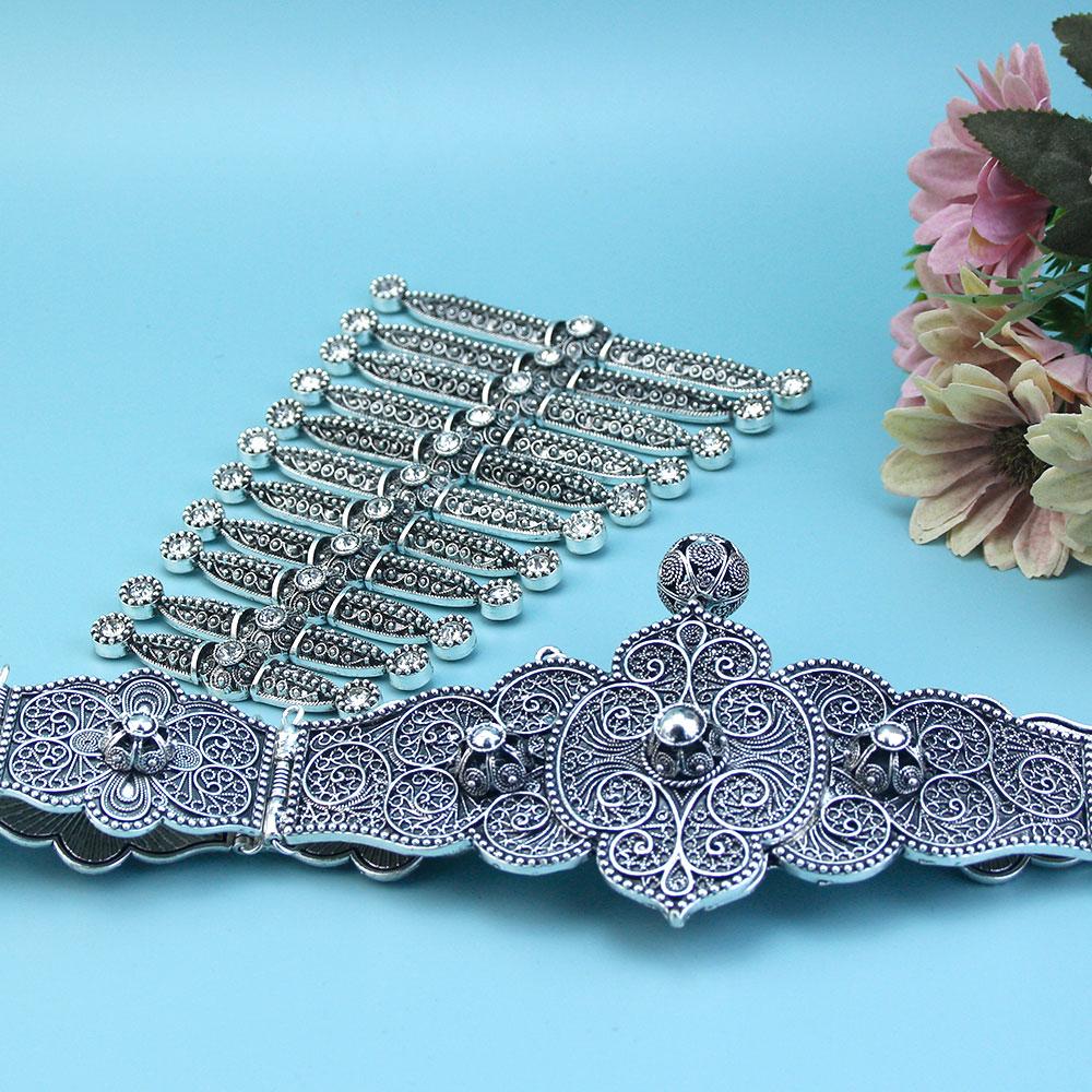 Slavic Caucasus Bride Jewelry Set For Women Crystal Dress Belt Breastplate Set Antique Silver Color Turks Belt