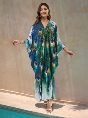2024 Green Peacock Plume Printed Beach Dress V-neck Side Split Plus Size Kaftan Summer Boho Swimsuit Coverup For Women Cozy House Robe Q1588