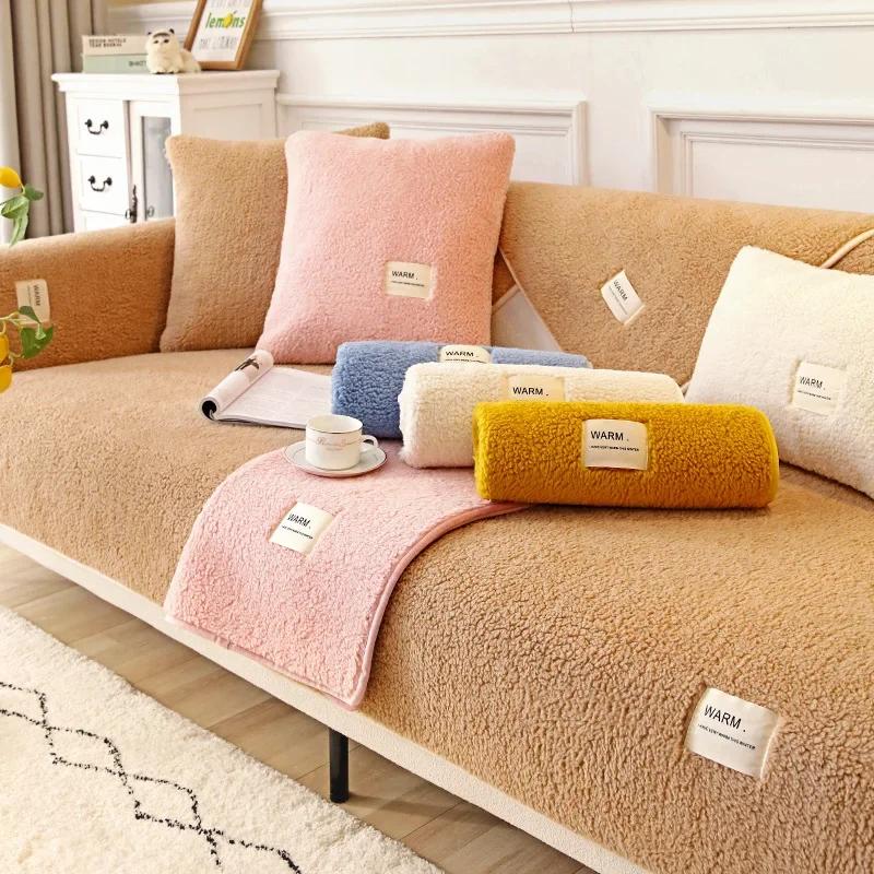

Winter Cashmere Sofa Cushion Thick Plush Khaki Couch Towel Winter Furry Simple Non-slip Leather Sofa Cover with Letter Print 70*70cm