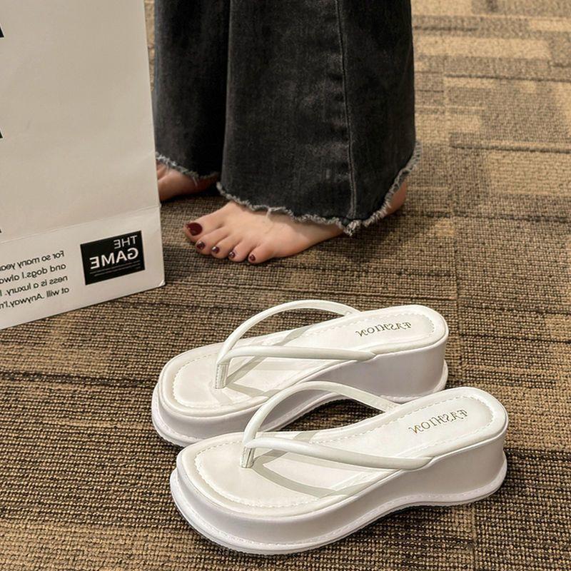 2025 Summer and Autumn New Outer Wear Holiday Slope Heel Cool Slippers French Thick Sole Heightened Thick Sole Foot Flip-flops Shoes Women