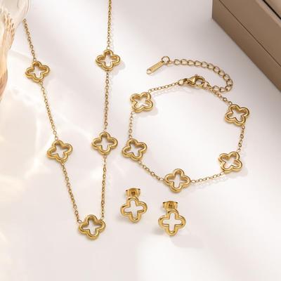 18K Vergoldetes Titanstahl Vierblättriges Kleeblatt Schmuckset: Armband, Halskette, Ohrringe