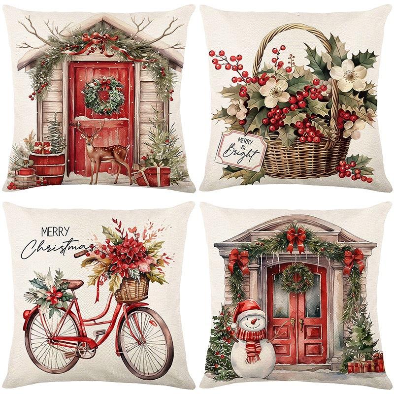Christmas Theme Short Plush Pillow Cover Set Holiday Print Cushion Case for Living Room Sofa Home Decor 45x45cm
