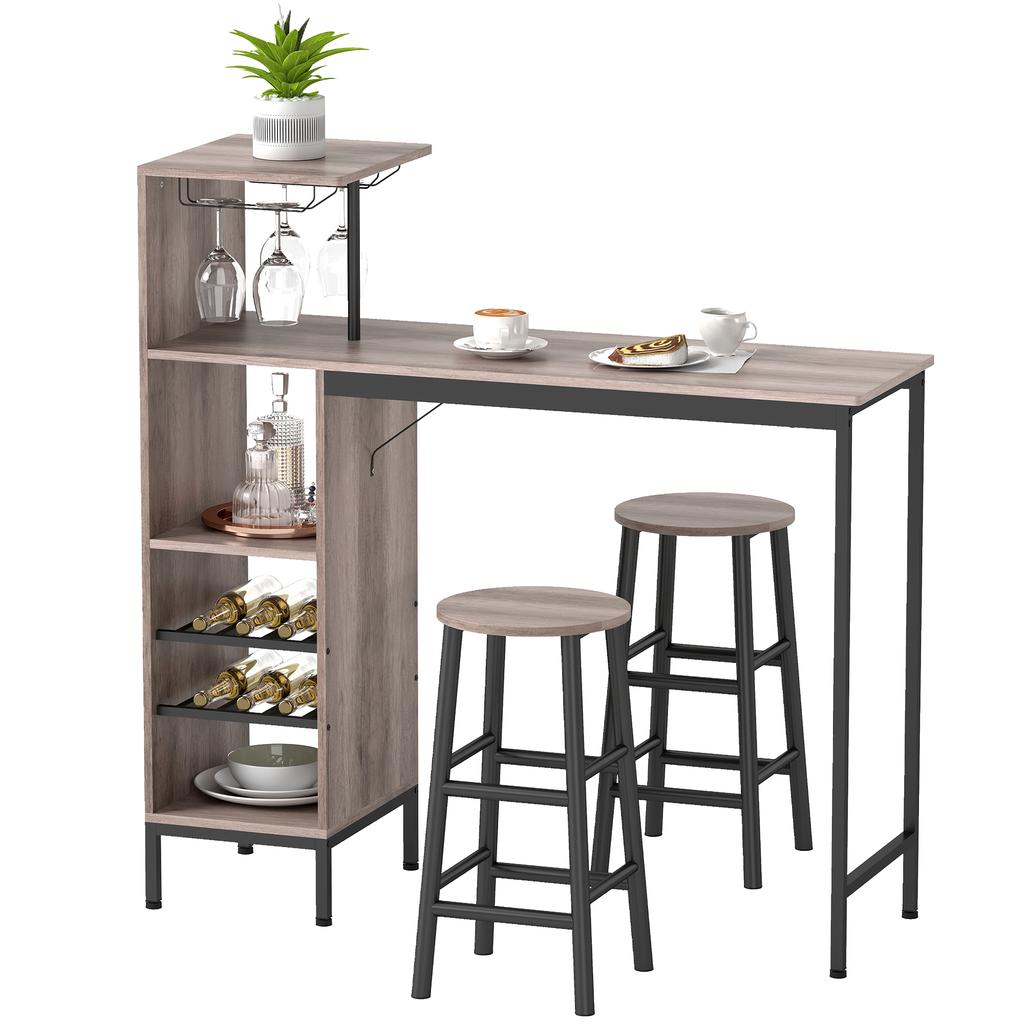 Bar Table and Stool Set, High Dining Table, 2 Bar Stools, Shelves, Wine Racks, Gray