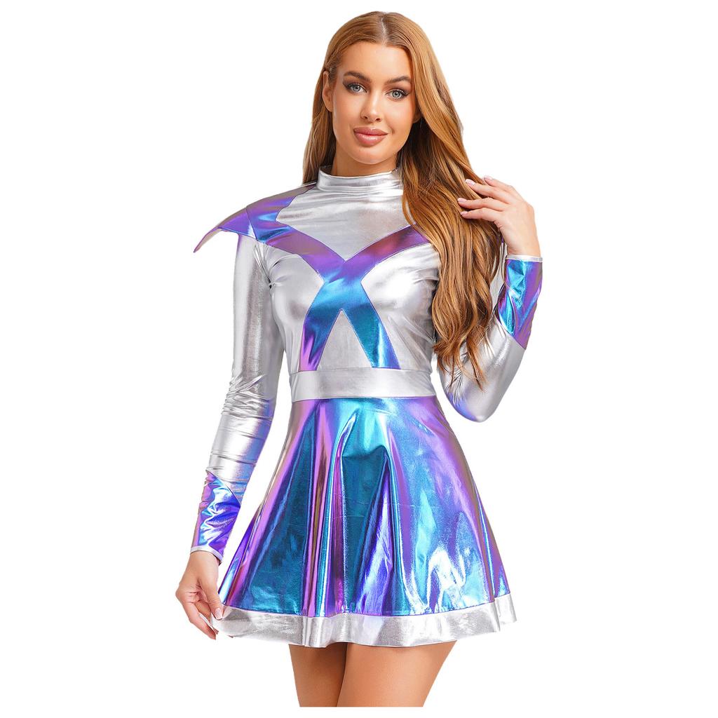 Damen Alien Astronaut Cosplay Kleid Langarm Klappe Kontrastfarbe Metallic Glänzend A-Linie Weltraumkrieger Kleid